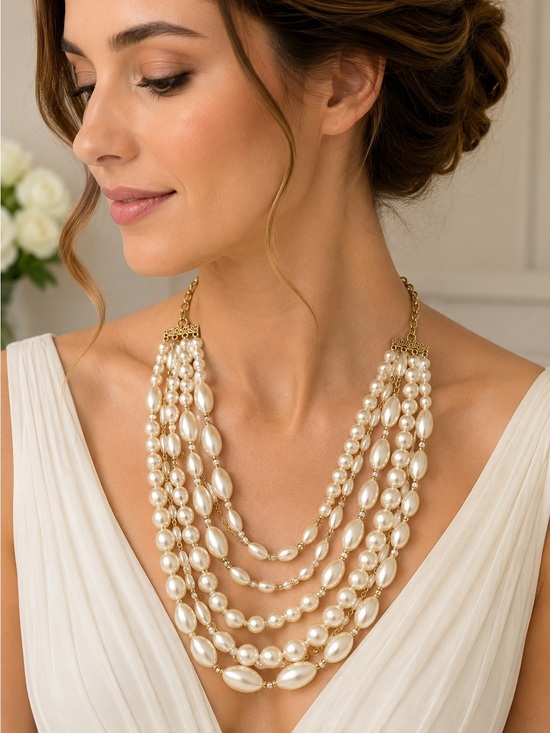 unbranded Jewelry - Elegant Multi Strand Pearl Bridal Statement Necklace Gold Tone Layered Jewelry